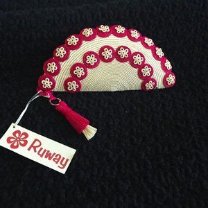 NWT Handmade Organic Straw Palm Pink Rose Fan Clutch Bag - Great for Cruise Wear